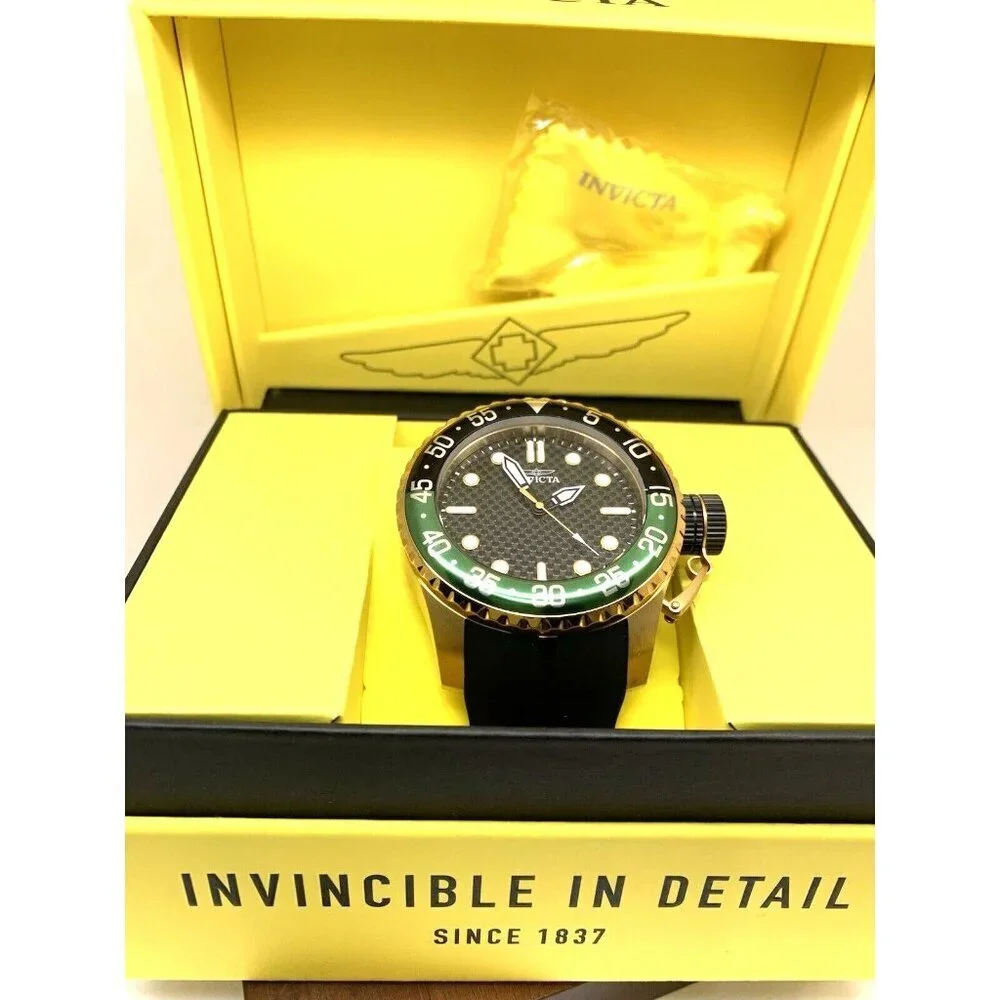 Invicta Men's Watch 35661 Pro Diver Quartz Gold Black Green Bezel Rubber Band